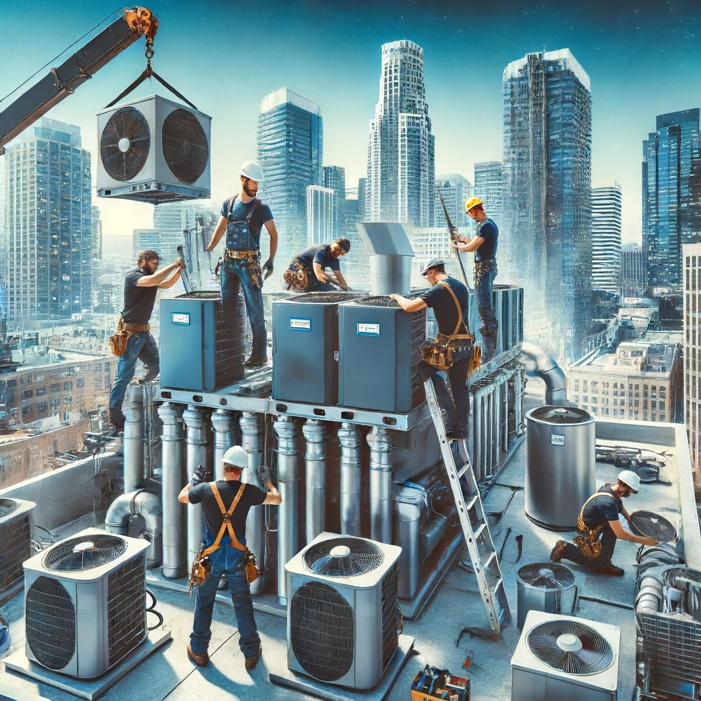 A team of HVAC contractors installs large industrial HVAC units on the rooftop of a commercial building in downtown San Diego. The contractors, equipped with safety gear, work under clear blue skies with the city skyline in the background, illustrating a coordinated and professional effort.